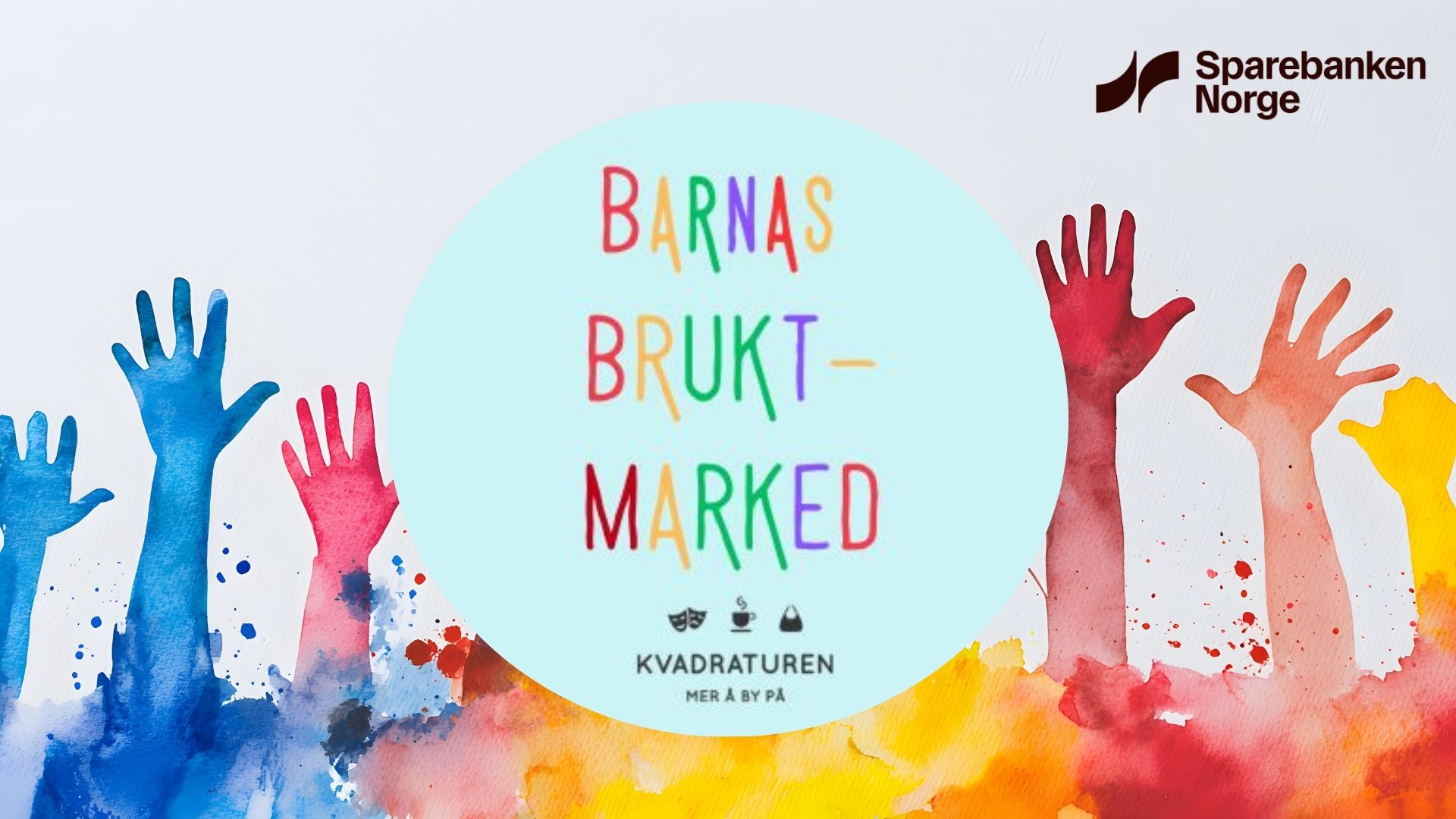 Vannmaling av hender som strekker seg oppover, med logoen til Barnas Brukt-marked som en del av bildet